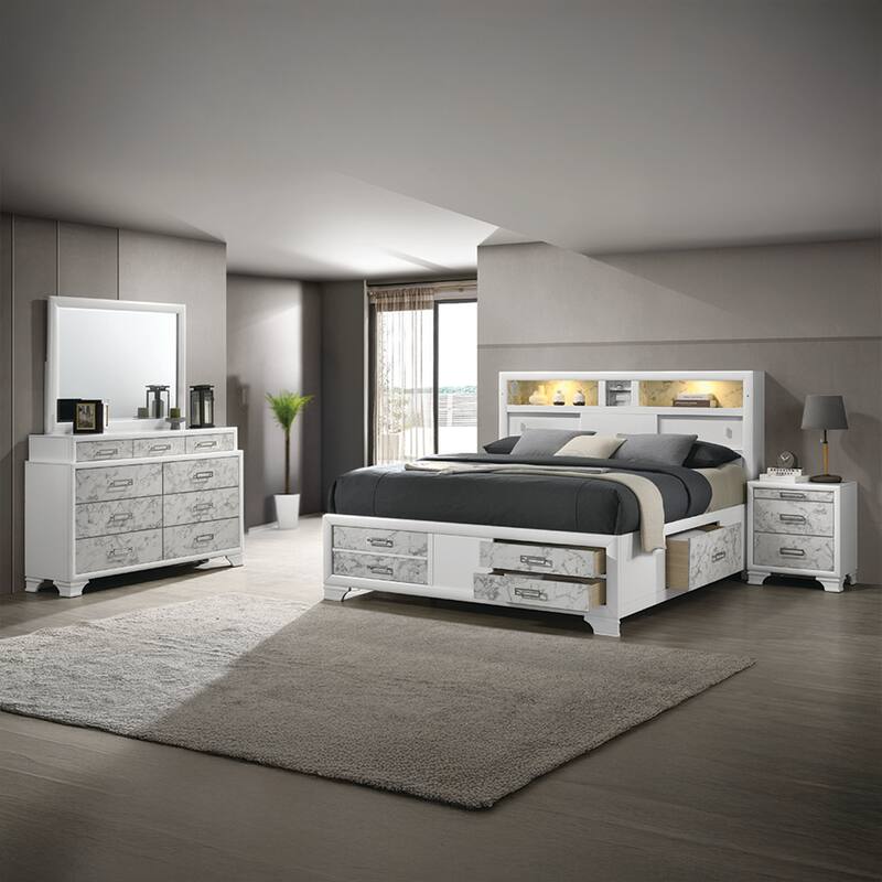 Soul Luxurious 4PC/5PC Bedroom Set - White Finish, Marble Accents, Built-in Lighting, USB-C & Bluetooth Speakers - Queen - 4 Piece