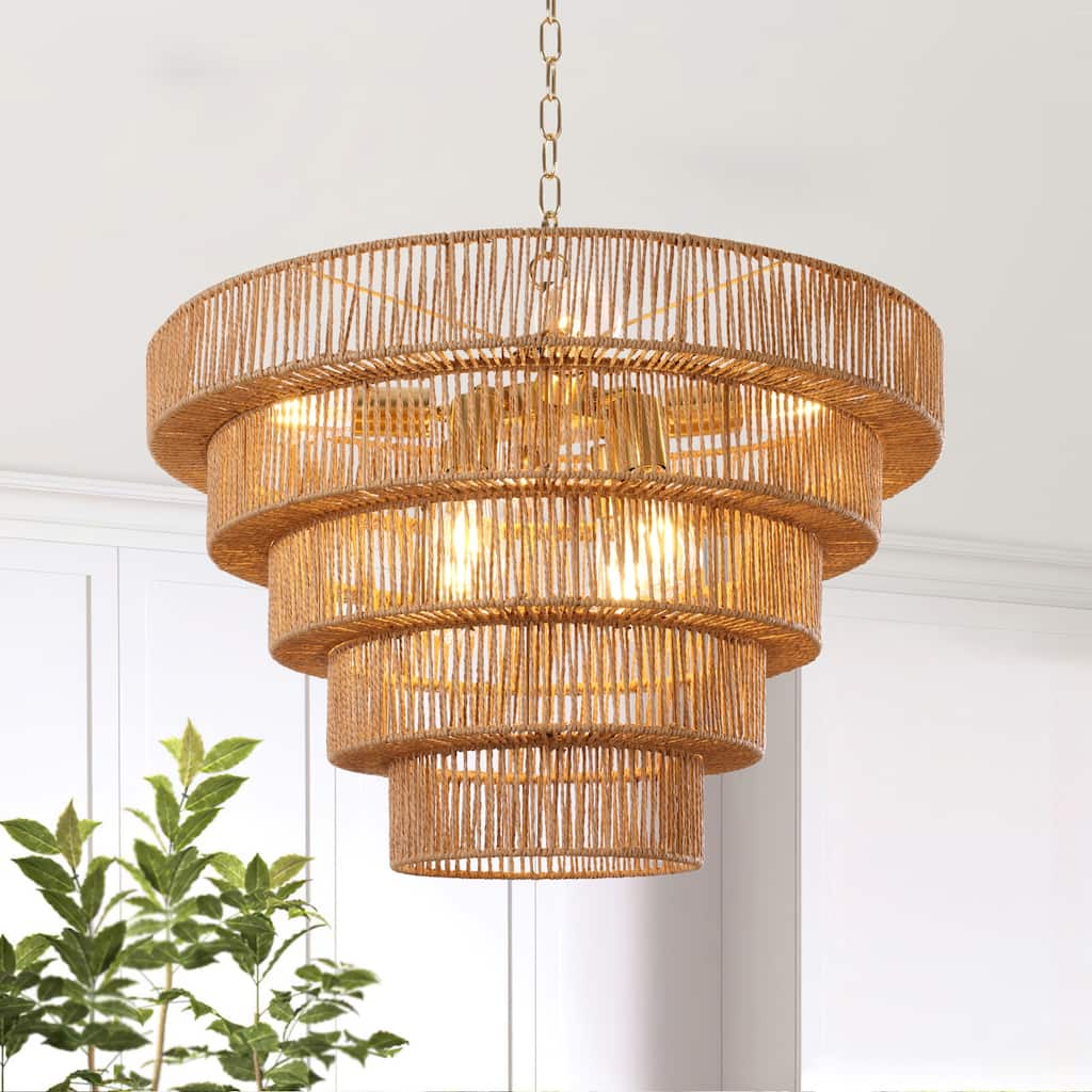 Dimmable 8-Light Hand-Woven Rattan Tiered Chandelier