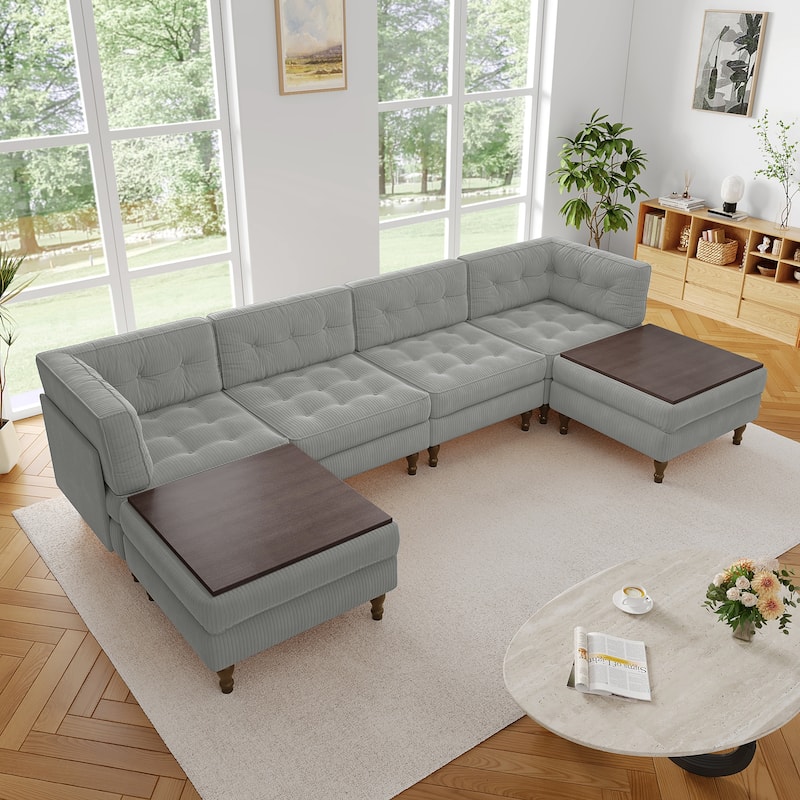 130"W Corduroy Upholstered Modular Sectional Sofa with Storage Ottoman