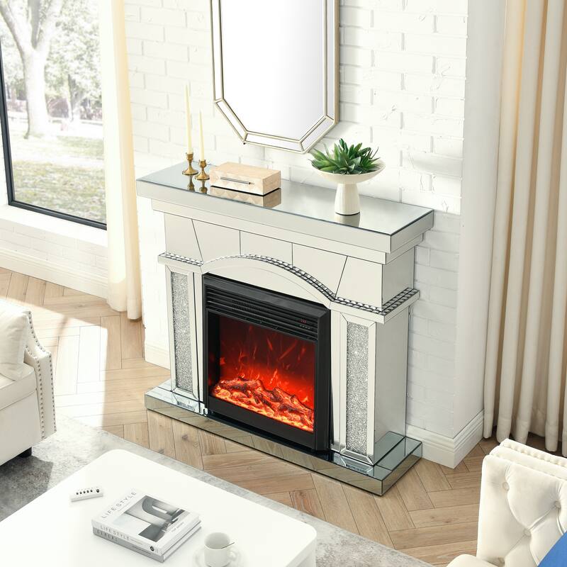 Elegant 46" Mirrored Electric Fireplace Cabinet with Acrylic Crystals, TV Stand, 3D LED Flame, Remote Control