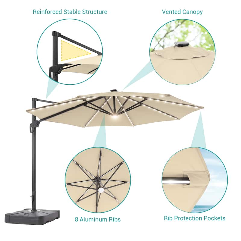 11FT Solar LED Patio Cantilever Umbrella With Resin Base by Bonosuki