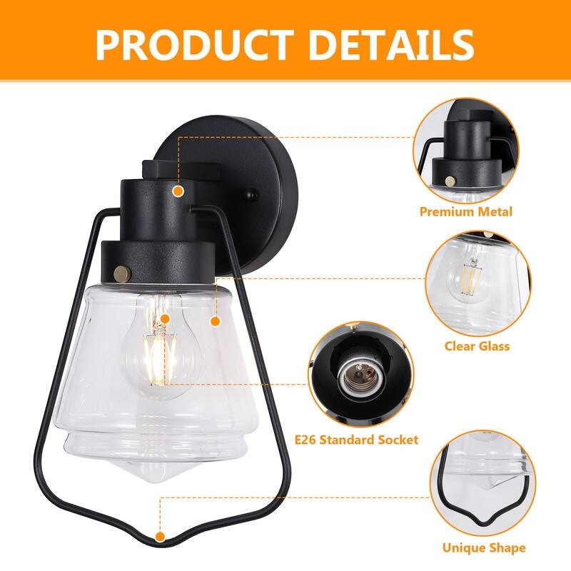 Modern Outdoor Wall Sconce Light Fixtures, Matte Black Wall Lights With Clear Glass (Set Of 2) - 2-Pack