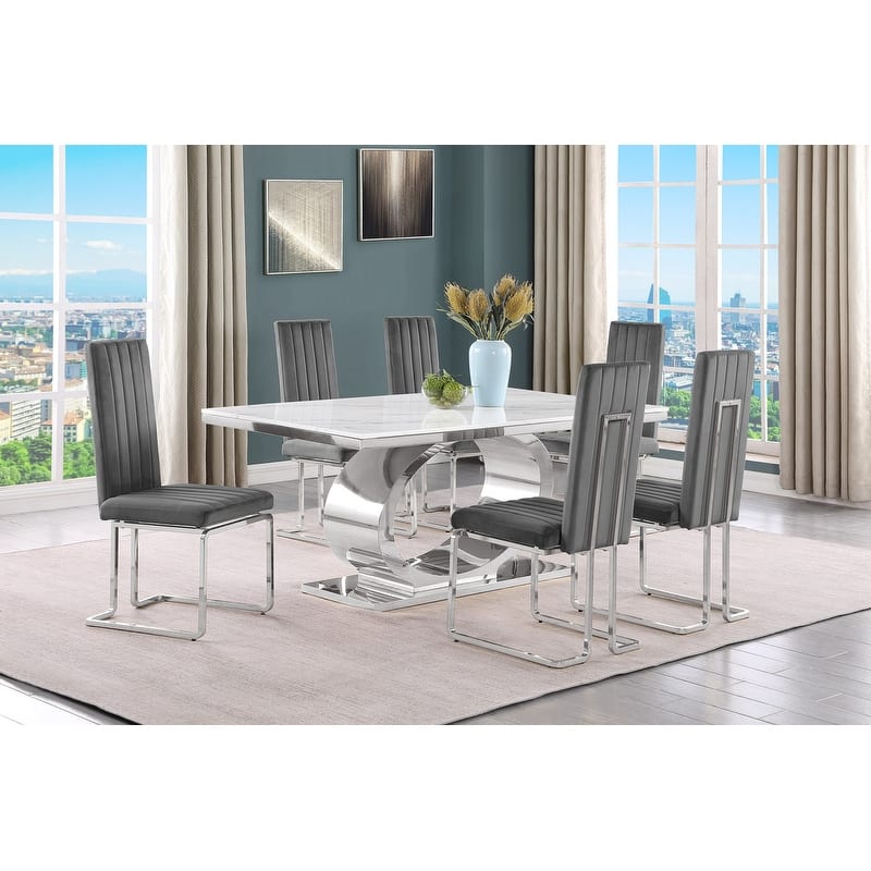 Best Quality Furniture D430/1-SC340-7 Dining Set with 68" White Marble Top - 7-Piece - Dark Grey / Silver