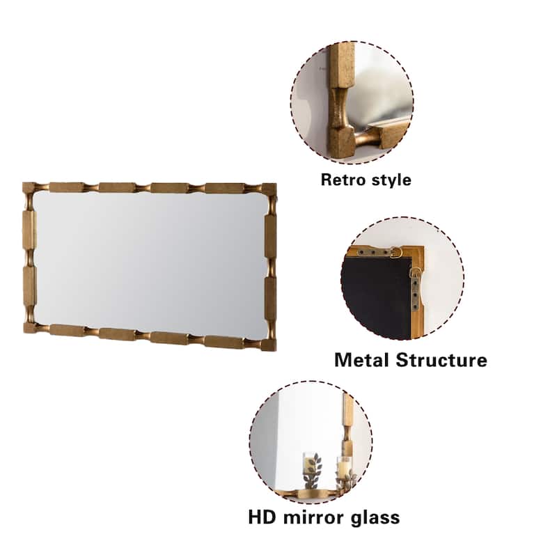 Gold Bamboo-Style Rectangular Wall Mirror - Textured Frame Decor for Living Room, Bedroom, Entryway