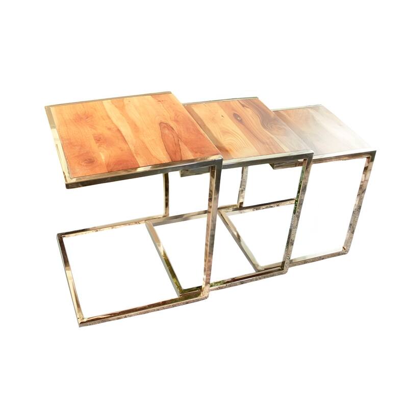 Set of 3 Contemporary Gold Finish C-Shaped Nesting End Tables with Solid Mango Wood Tops & Steel Sled Bases for Living Room
