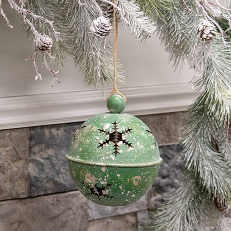Gleaming Distressed Green Metal Snowflake Jingle Bell - 5" x 7.25 - 5" x 7.25"