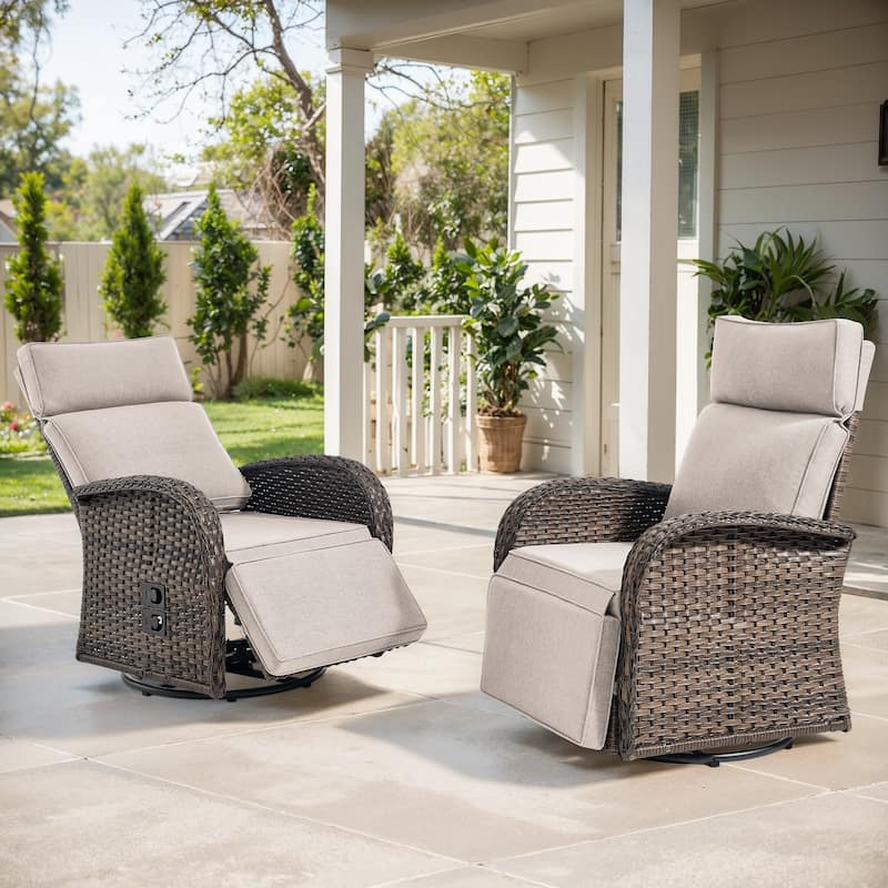 Meyreso 2-Piece Wicker Swivel Reclining Chaise Lounge with Adjustable Backrest & Footrest - Beige-set of 2