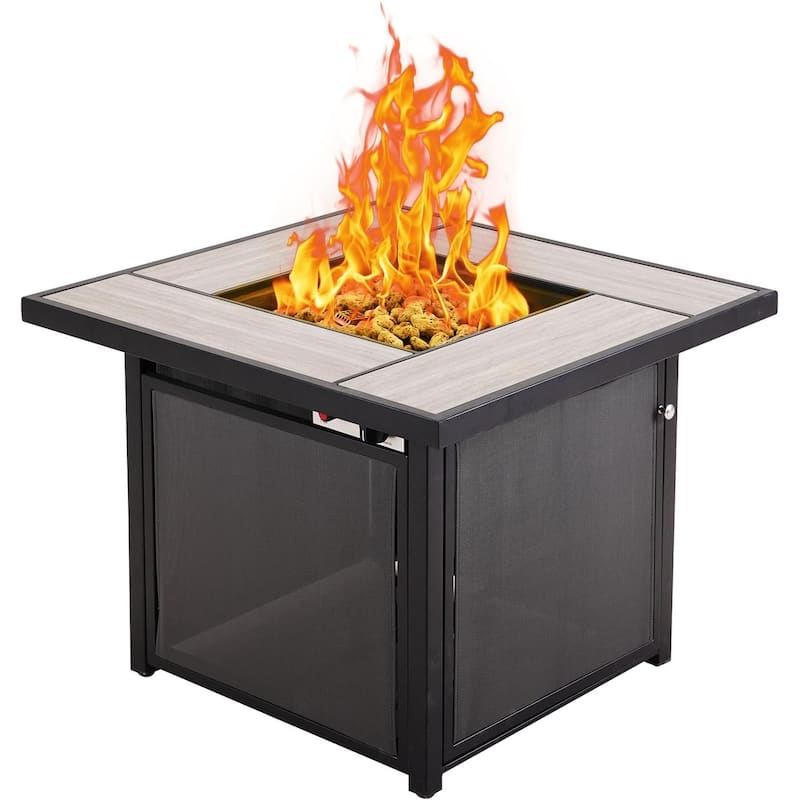 32 INCH Fire Pit Table, Propane Firepit Outdoor Gas Fire Pits Clearance, 50,000 BTU with Ceramic Tile Tabletop, Lid, Lava Rocks
