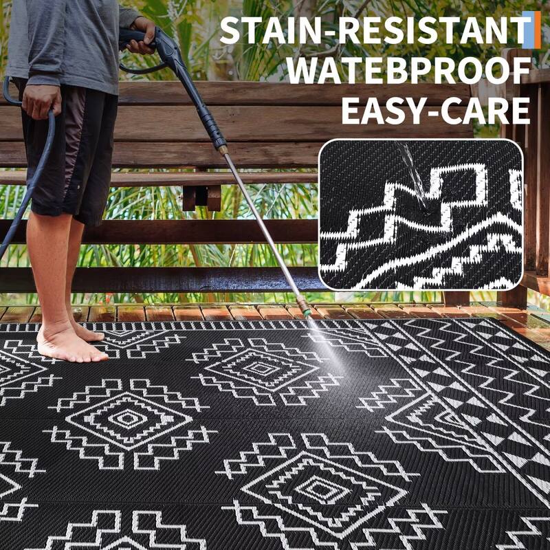 Outdoor Rug Waterproof Boho Geometric Patio Rug Mat Reversible Plastic Straw Rug Outside Outdoor Area Rug