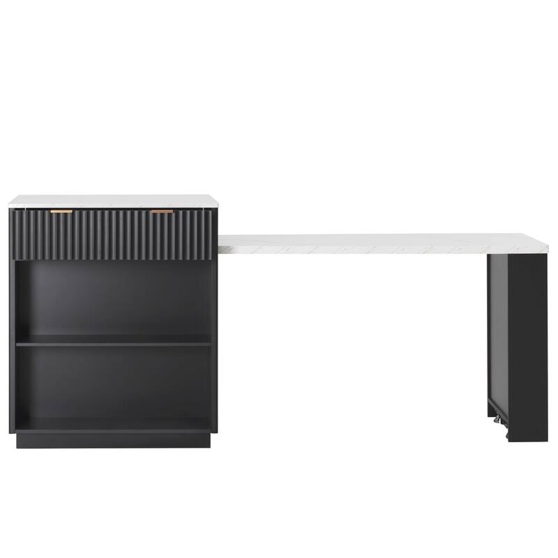 Kitchen Island with Extendable Dining Table & Power Outlet, Kitchen Table with Double-Side Storage, 2 Drawers & 2 Open Shelves