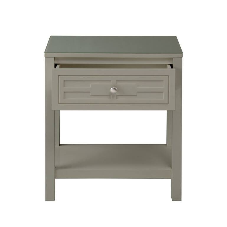 Wooden End Side Table Nightstand with Glass Top and Drawer - Taupe