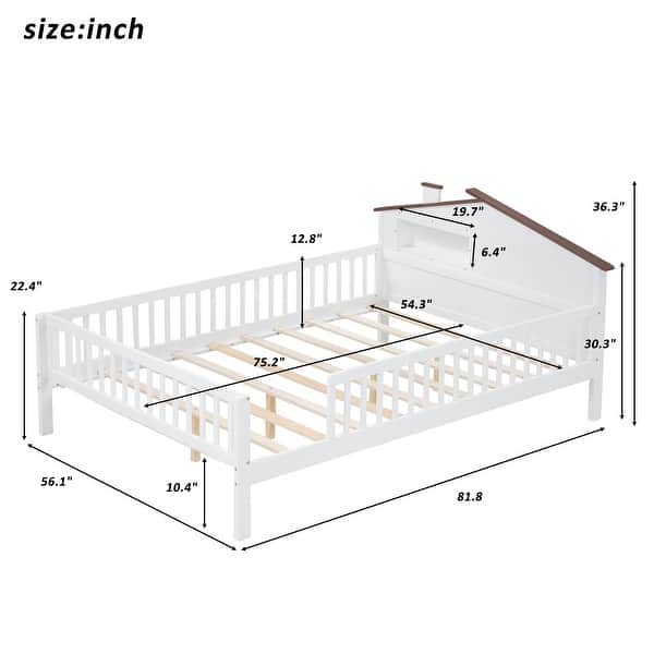dimension image slide 0 of 2, Full Size Wood Platform Kids Bed with House-Shaped Headboard, LED Light & Built-in Storage, Finish with Guardrails, Natural