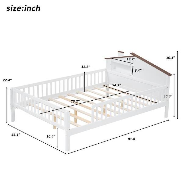 Kids Full Bed with House-Shaped Headboard and Guardrail, Wood Platform Bed Frame with Built-in Storage and LED Light, White