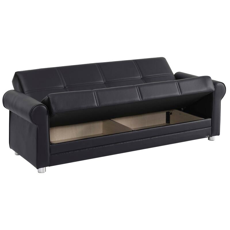 HomeRoots 89" Black Faux Leather Convertible Futon Sleeper Sofa And Toss Pillows With Storage
