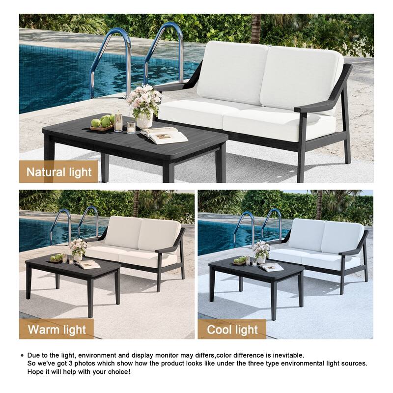 2-piece Brown/ Black Teak Cushioned Patio Loveseat Set with Coffee Table