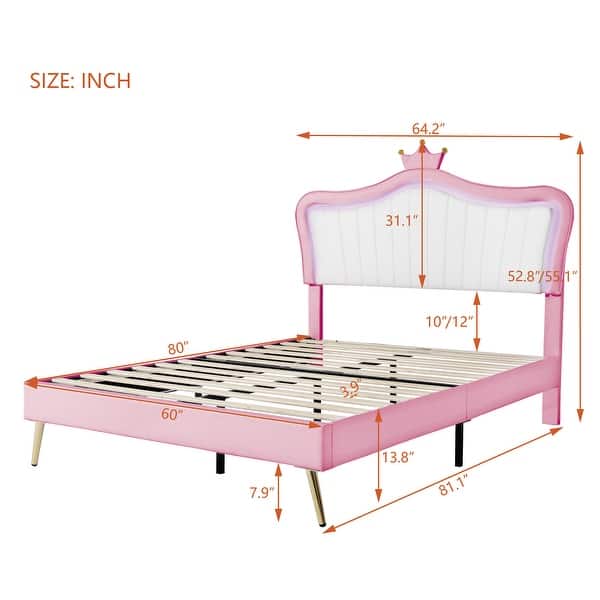 dimension image slide 0 of 4, Remote Control LED Lights Bed Frame, PU Upholstered Princess Bed with Crown Headboard, Wood Slat Platform Bed