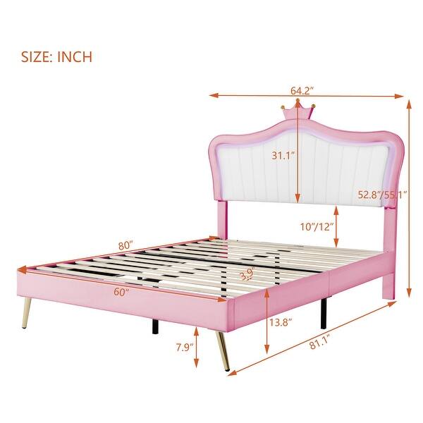 dimension image slide 5 of 6, PU Upholstered Princess Bed with LED Lights and Crown Headboard