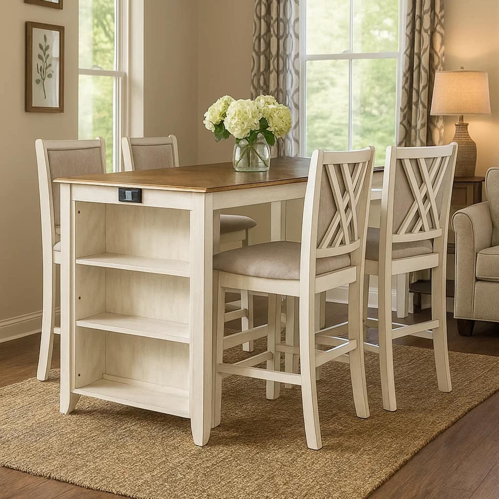 Han 60 Inch 5 Piece Counter Table Set with USB Ports, White and Brown