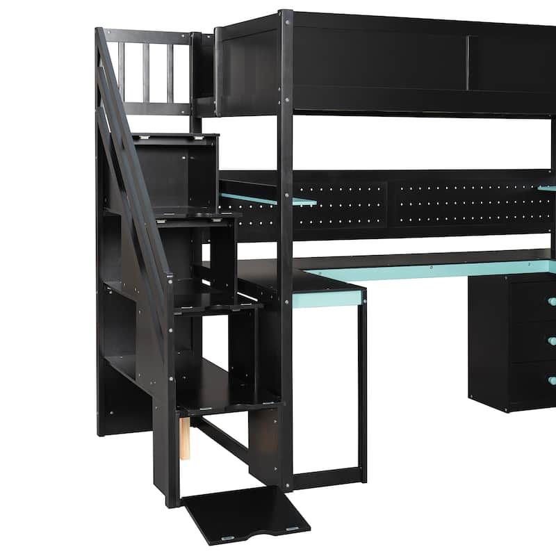Gaming Loft Bed with Desk - Full/Twin, Includes Storage Stairs, Shelves & Pegboard