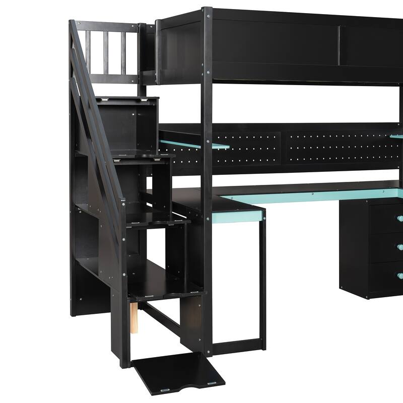 Gaming Loft Bed with Storage Stairs & Desk, Video Game Bed Wood Loft Bed Frame with Pegboard for Teens