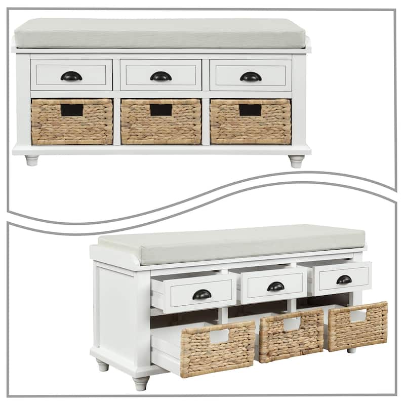 Classic Farmhouse Style Storage Bench with a Removable Linen Blend Seat Cushion