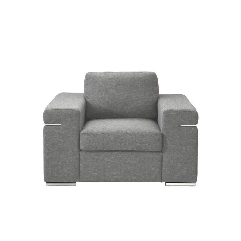 Aria 45 Inch Armchair, European Design, Stainless Steel, Light Gray Fabric