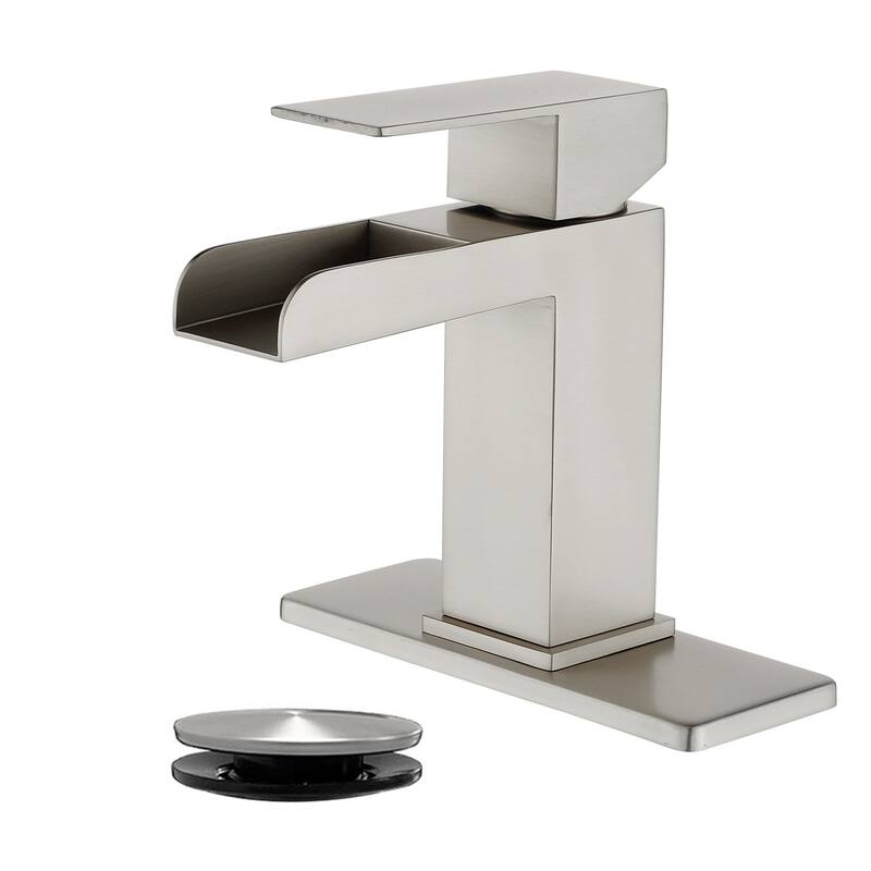 Waterfall Single Handle Bathroom Sink Faucet with Pop-up Drain 304 Stainless Steel 1 Hole Basin Vanity Taps - Brushed Nickel
