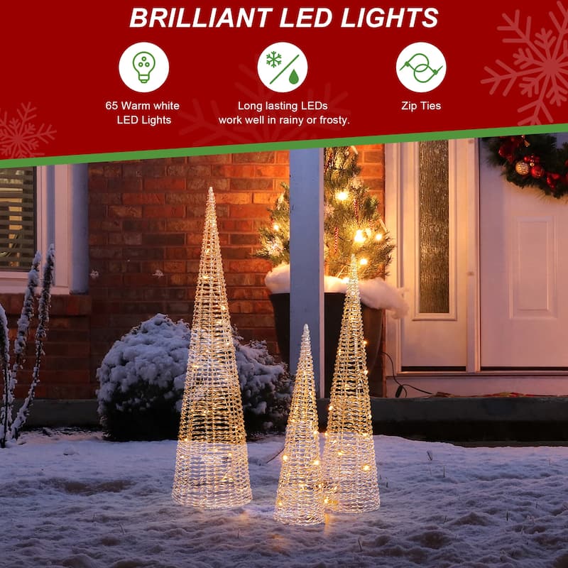 Glitzhome Set of 3 Lighted Christmas Plastic Tree with 65 Warm White LED Lights - Christmas Tree