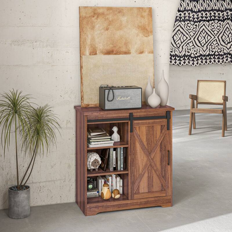 Farmhouse Kitchen Buffet Cabinet with Sliding Barn Door & Ample Storage for Home Organization - Brown