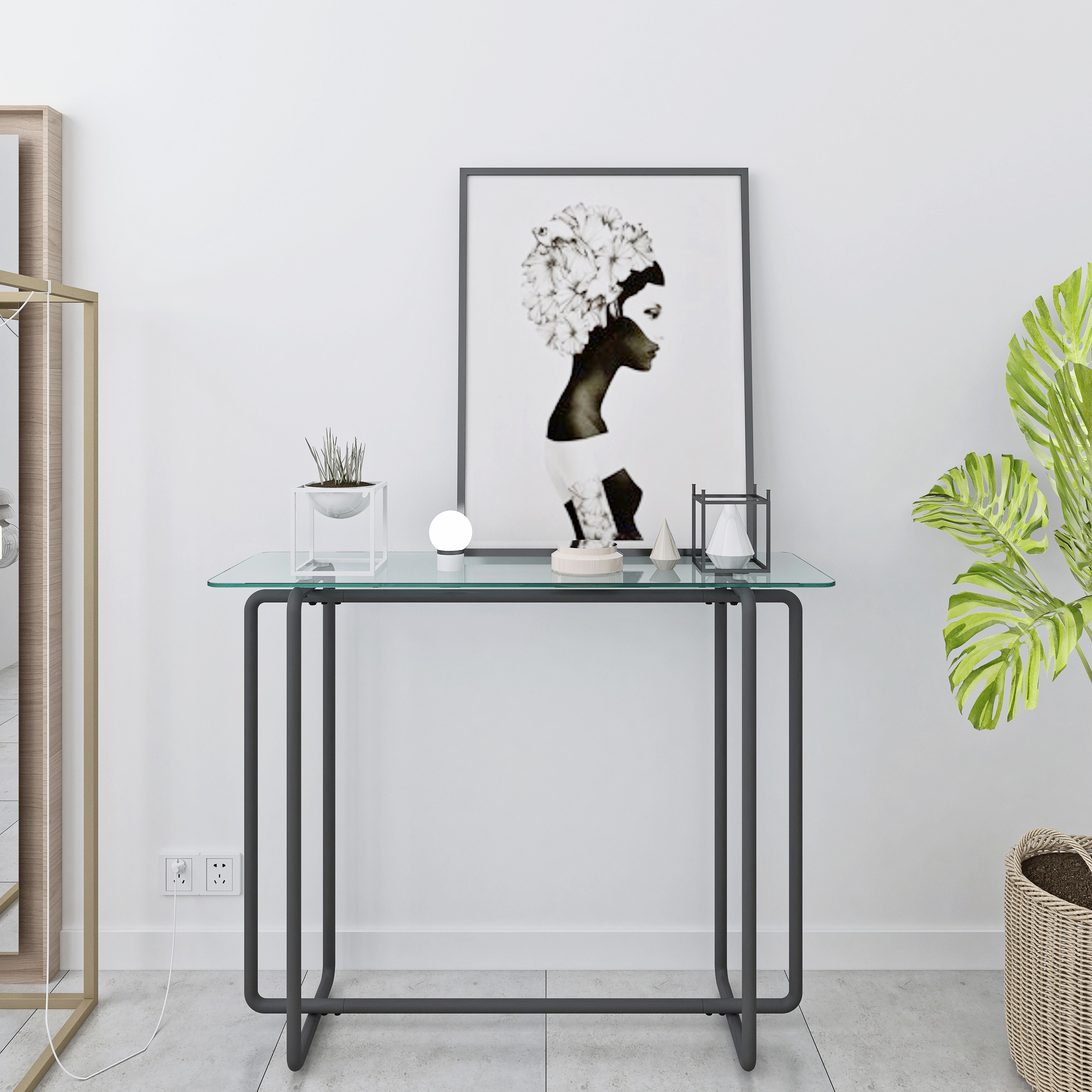 Glass console table shop with black legs