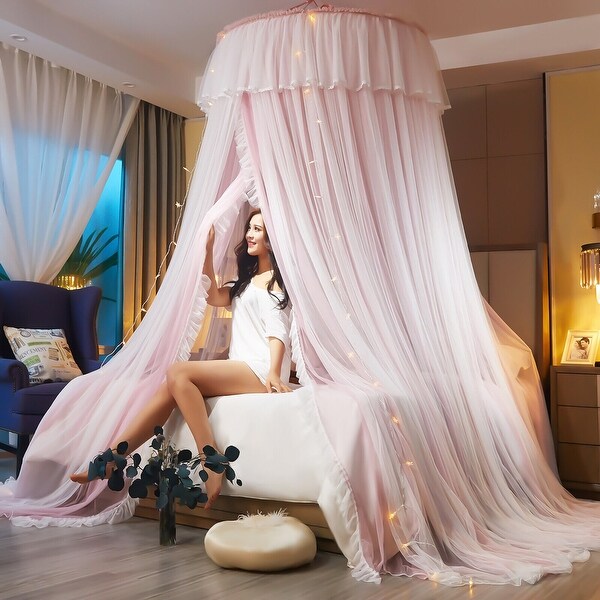 Romantic Bed Curtains Hoop Sheer Bed Canopy with LED Light Gray White