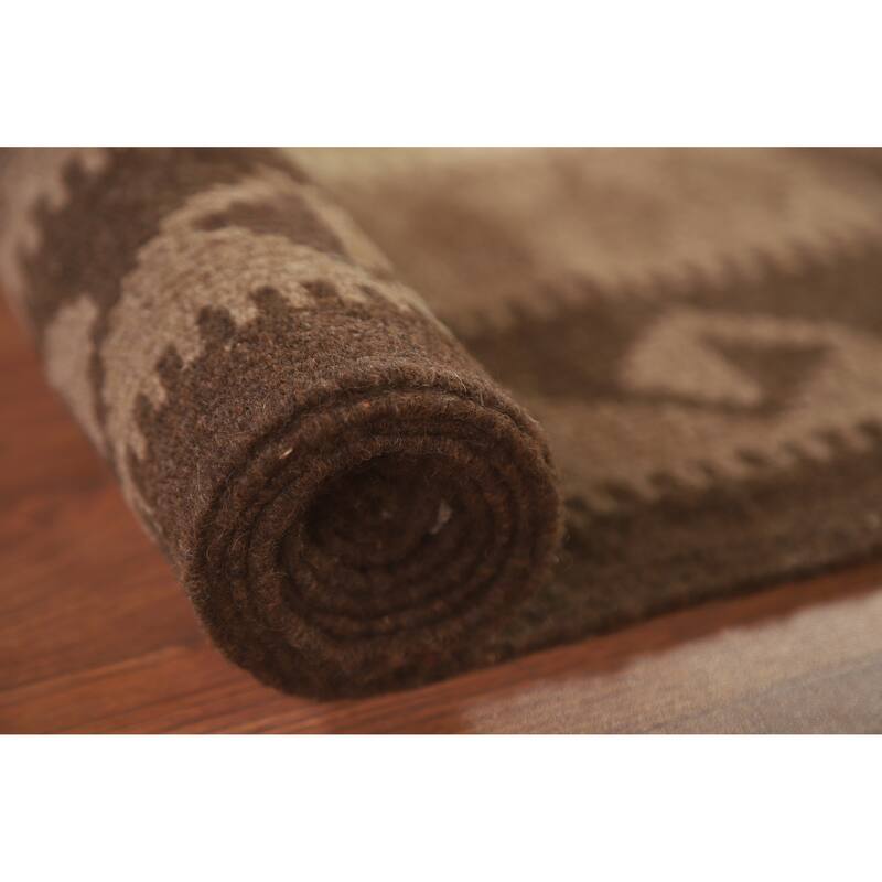 Hand Woven Oriental 100% Wool Carpet Southwestern Geometric Brown Kilim Area Rug - 9' 9'' X 6' 10''
