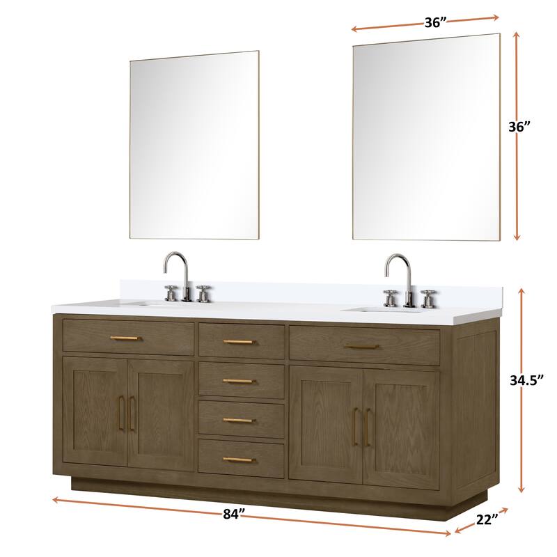 Abbey 60 in W x 22 in D Black Oak Double Bath Vanity, Cultured Marble Top, Faucet Set, and 28 in Mirrors