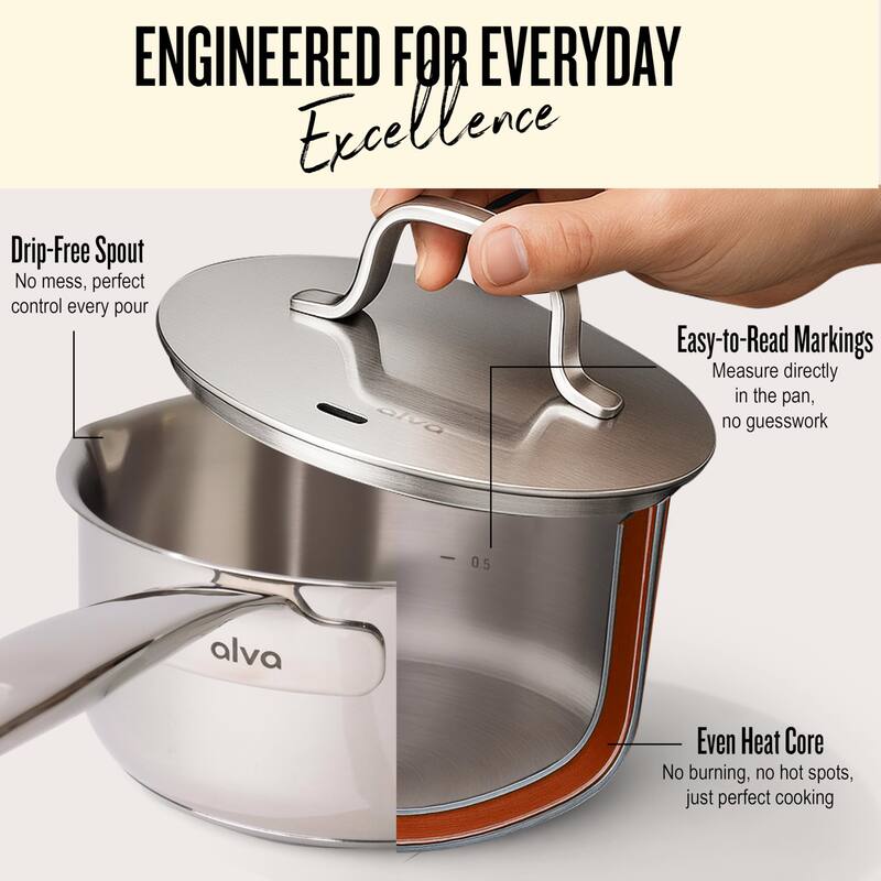Alva Maestro Stainless Steel Saucepan with Lid 2 Qt. Pot with Pouring Spout - 6.3"