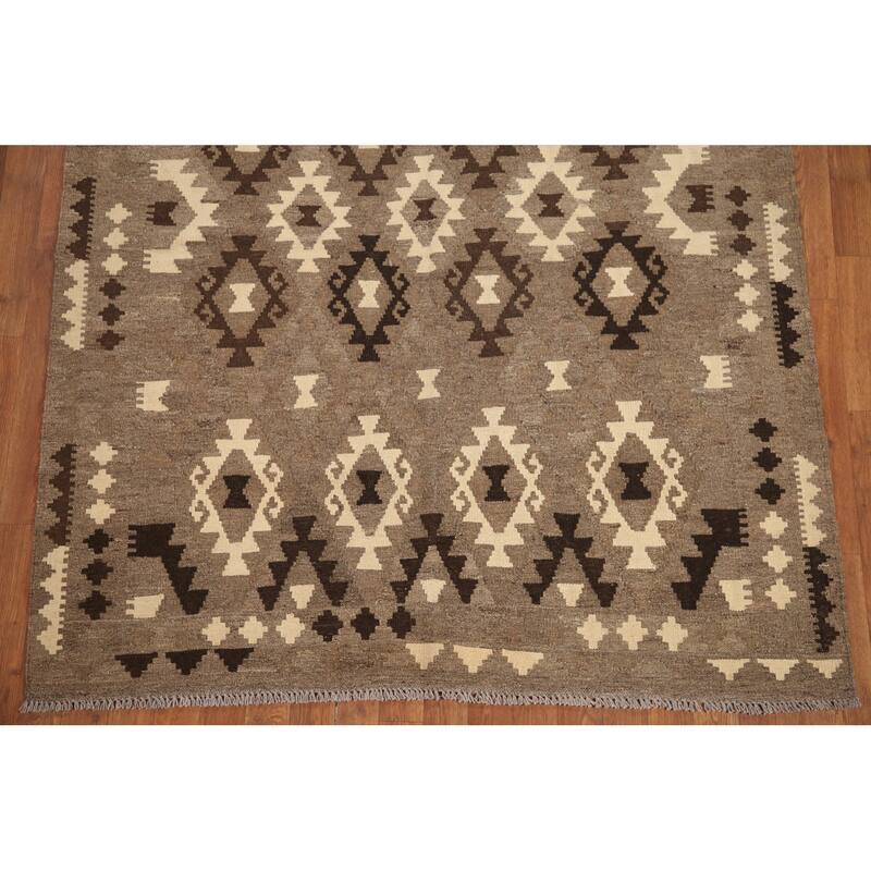Hand Woven Oriental 100% Wool Carpet Southwestern Geometric Brown Kilim Area Rug - 6' 5'' X 5' 1''