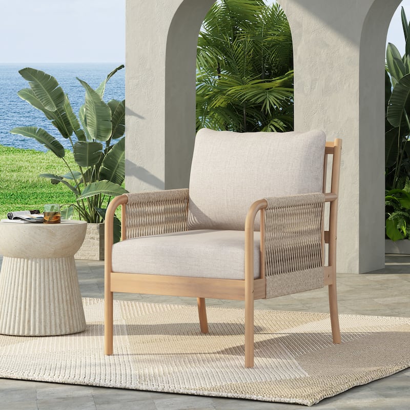 Scott Living Casper Outdoor Club Chair Acacia Wood and Woven Rope - LIGHT TEAK+BEIGE ROPE+BEIGE CUSHION