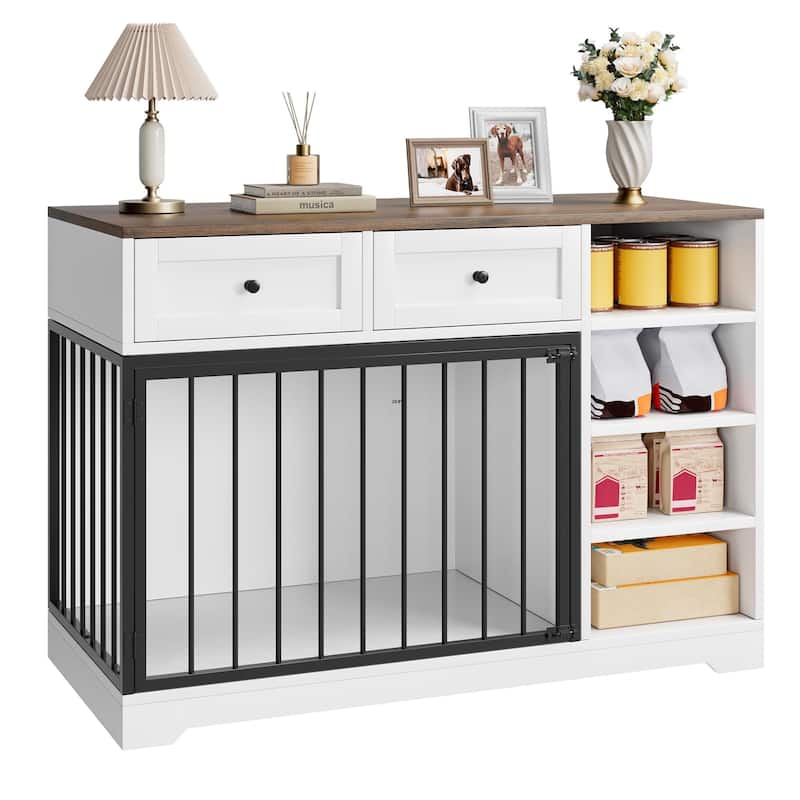 Dog Crate Furniture with Drawers, Shelves, End Table Design - White