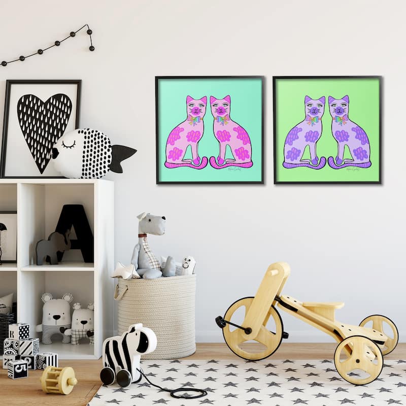 Stupell Bright Purple Cat Pairs Framed Giclee Art Design By Katie Conley (Set of 2)