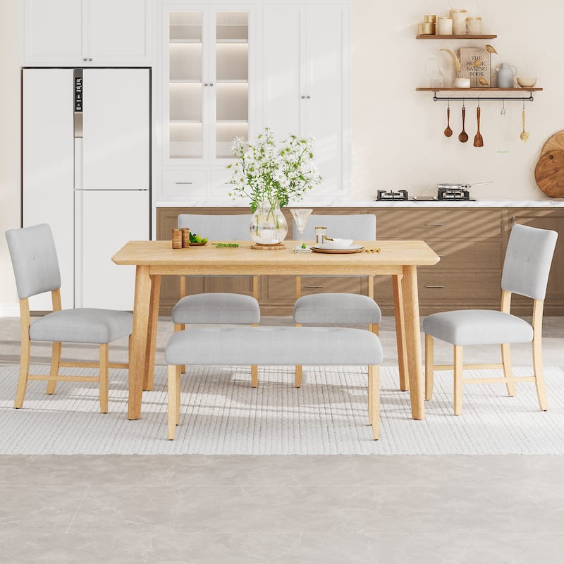 6 Piece Wood Dining Table Set with 4 Upholstered Chairs and Bench