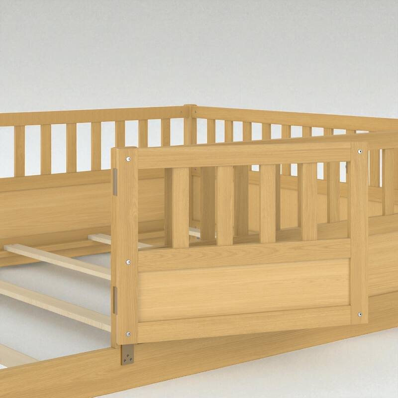 Montessori Twin/Full Size Wooden Floor Bed with Safety Fence and Door, Low Platform Bed Frame for Kids Toddlers
