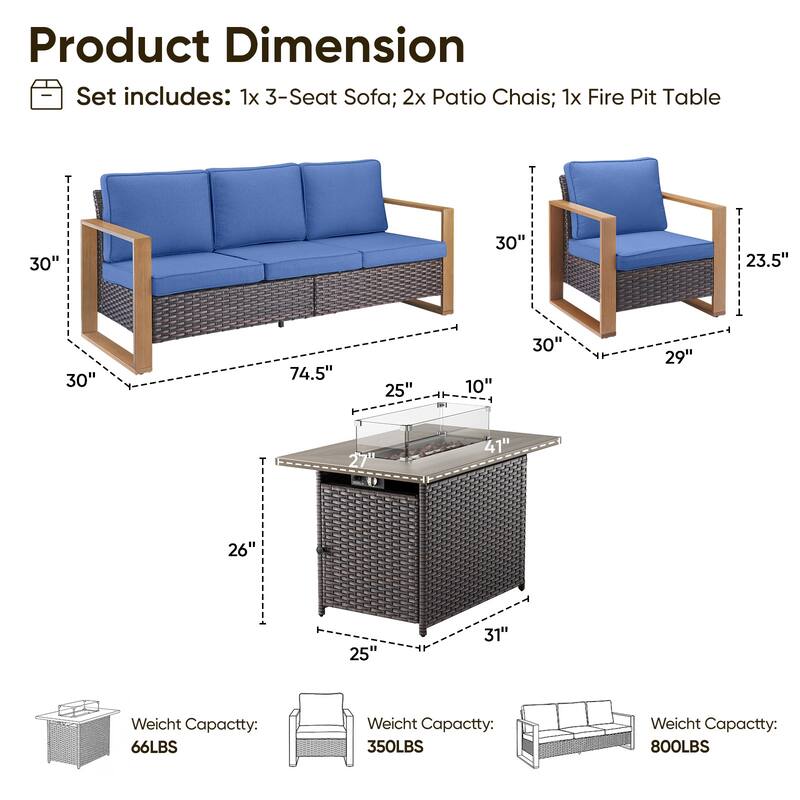Pocassy Outdoor Wicker Sofa Patio Chair with Fire Table Set