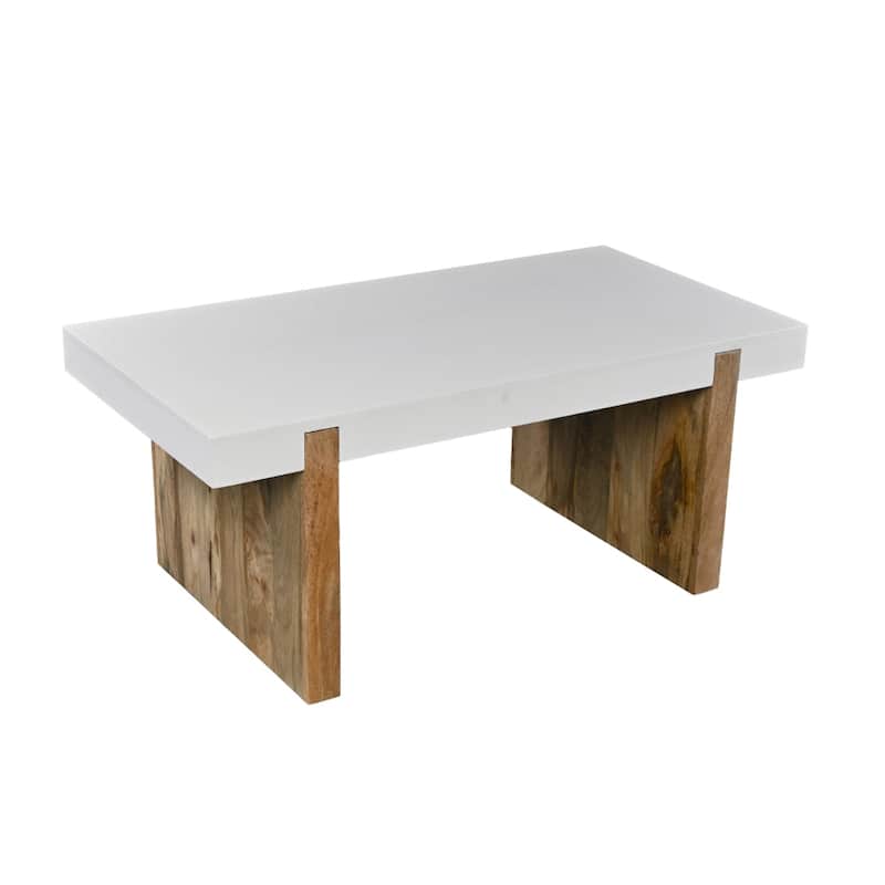 38 Inch Mango Wood Coffee Table, Rectangular, Sled Base, Glossy White, Natural Brown - 20"L x 38"W x 16"H