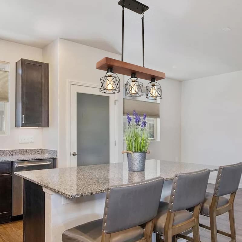 Anmytek Rustic Wood Metal Chandelier Kitchen Island 3-Light Fixture Adjustable Hanging Linear Chandelier for Dining Room