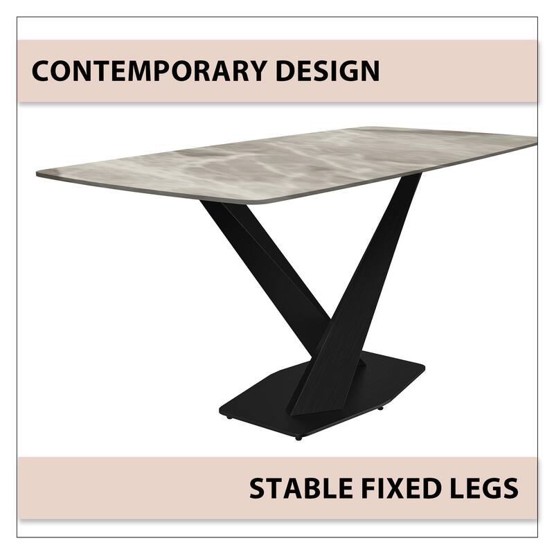 Voren Dining Table with Stone or Glass Tabletop in Black Steel Base