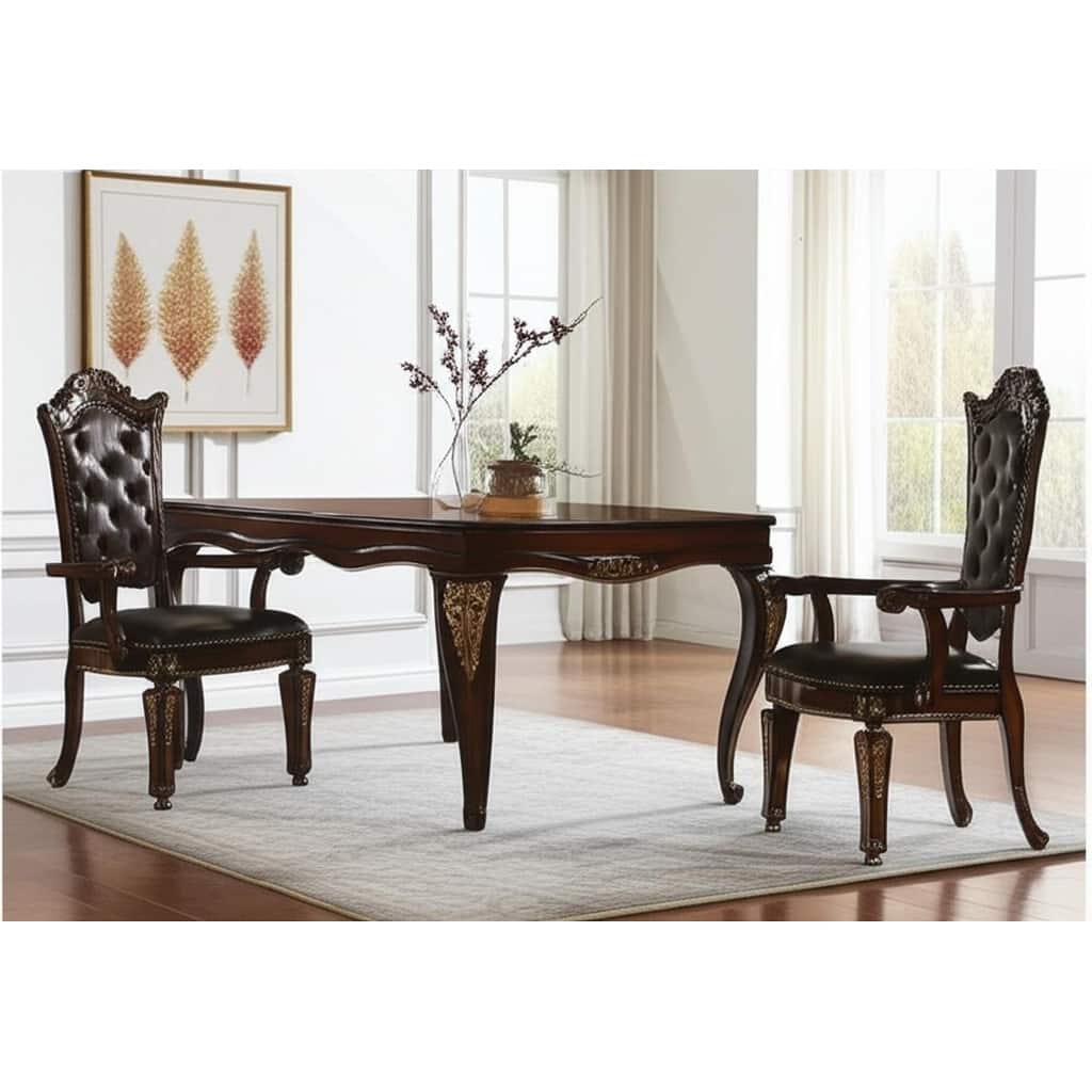 HomeRoots Set of Two Tufted Brown and Redwood Upholstered Faux Leather And Solid Wood Dining Arm Chairs