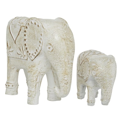Ceramic Elephant Sculpture - Set of 2 White - Roche River Decor - 4"W x 9"L x 8"H