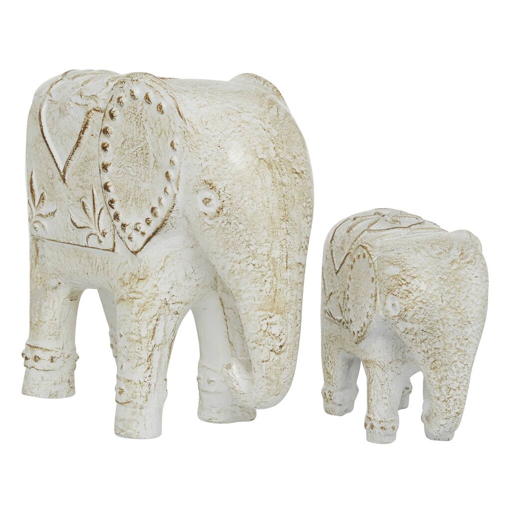 Ceramic Elephant Sculpture - Set of 2 White - Roche River Decor - 4"W x 9"L x 8"H
