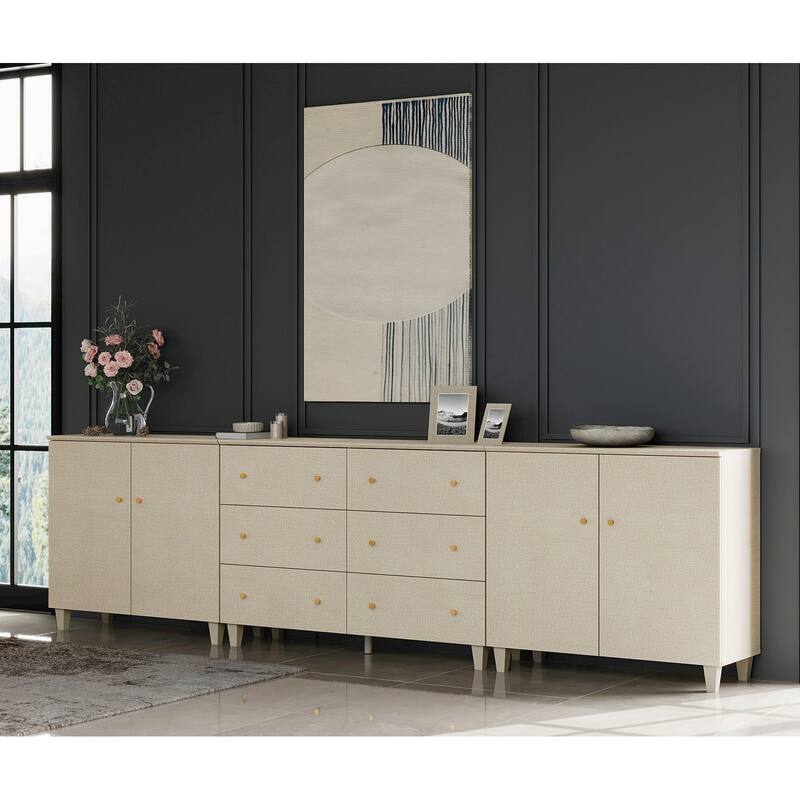 Wood Dresser with 6 Drawers and 2 Cabinets for Bedroom, 118" Wide