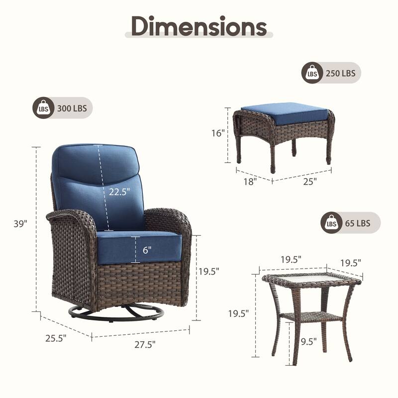 Meyreso 10-Piece Wicker Patio Swivel Glider Set with 6-Inch Thick Cushions and Ottomans