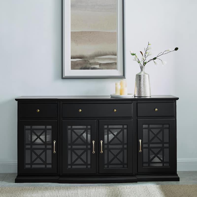 Classic Fretwork Detailed Glass-Door Sideboard for Living Room, Bedroom and Office